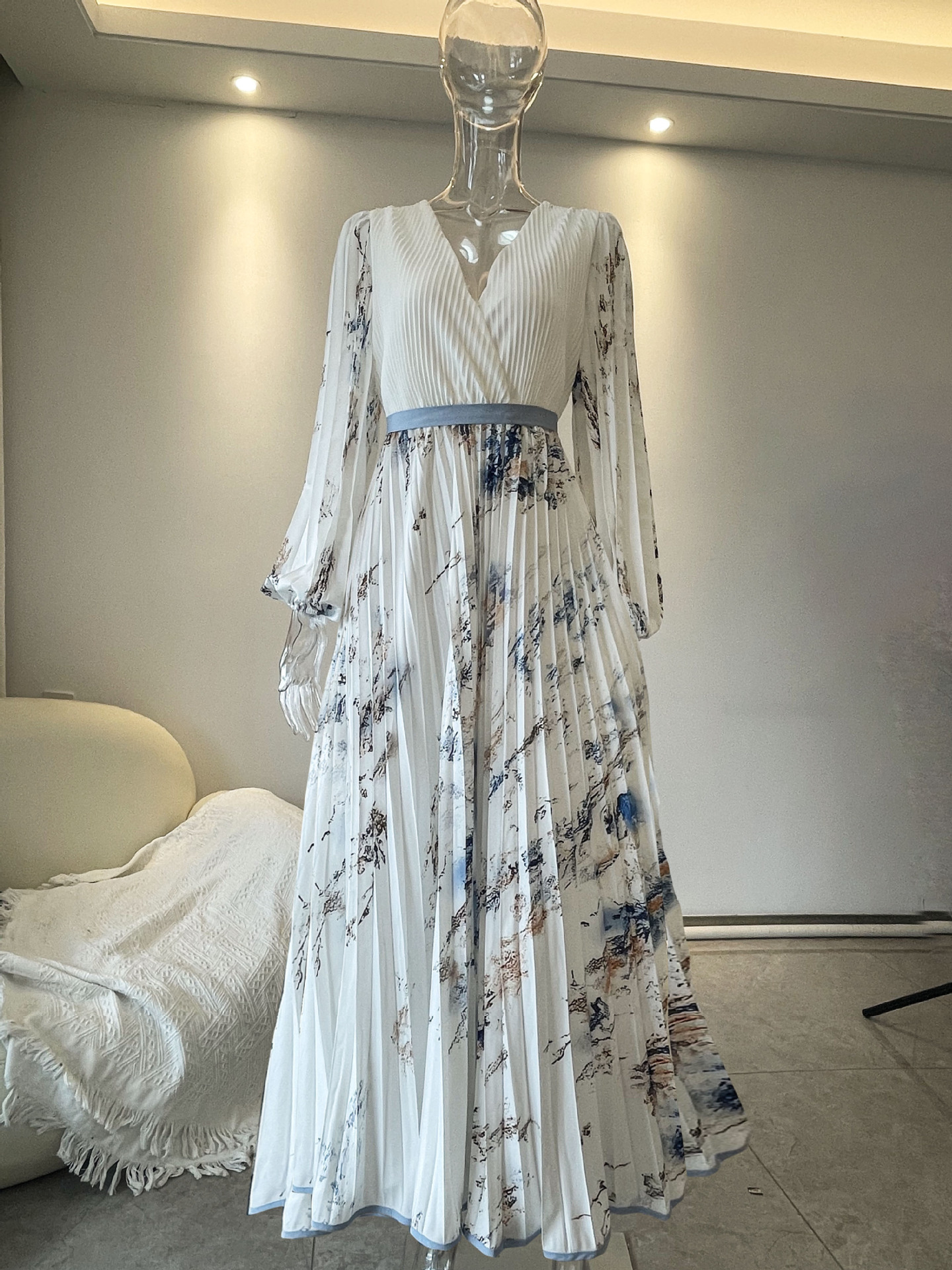 Elegant Floral Maxi Dress Women Long Sleeve Boho A-Line Pleated Dresses